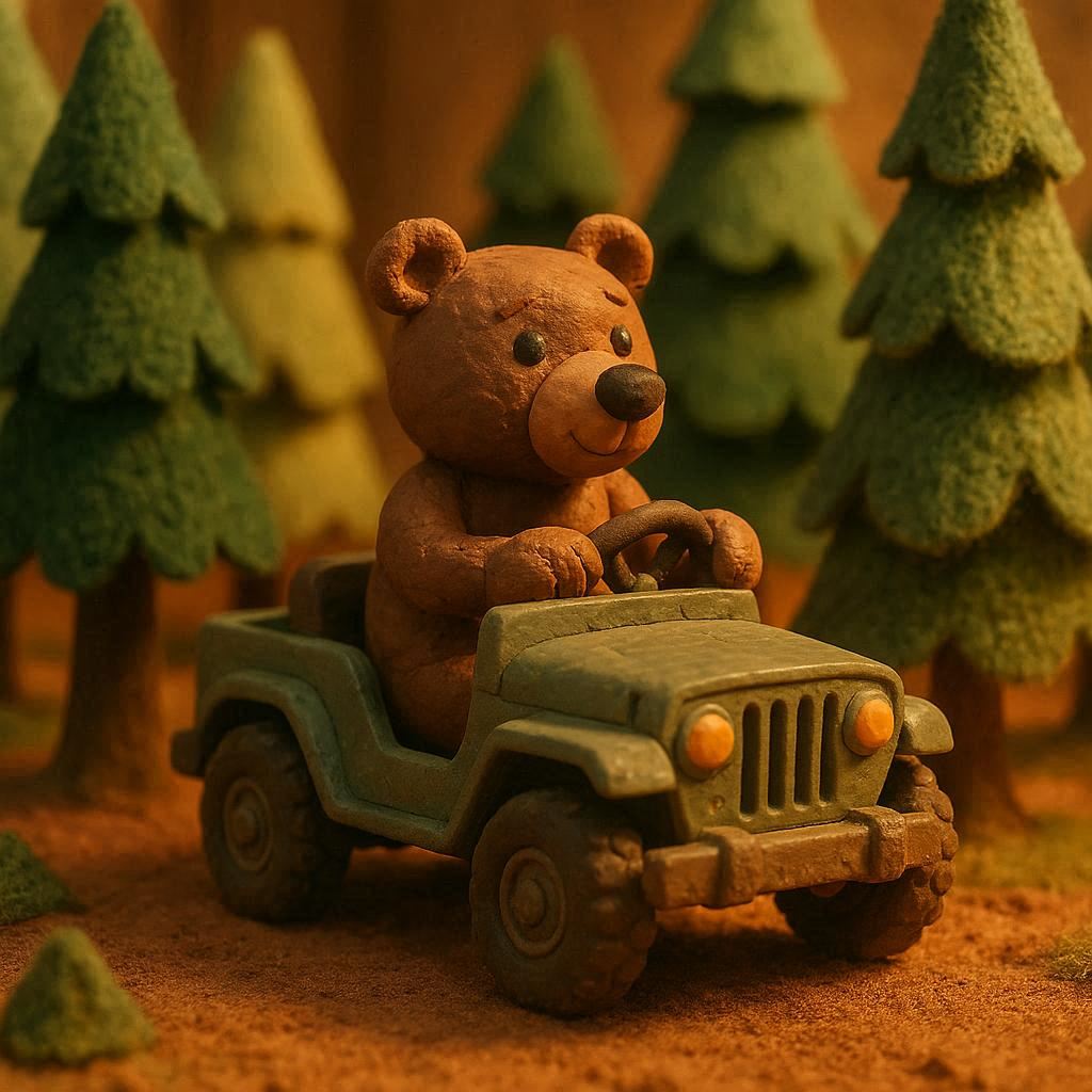 A clay‑animated bear in a toy‑like jeep rolling through a forest of felt trees, with handcrafted textures and warm studio lighting.